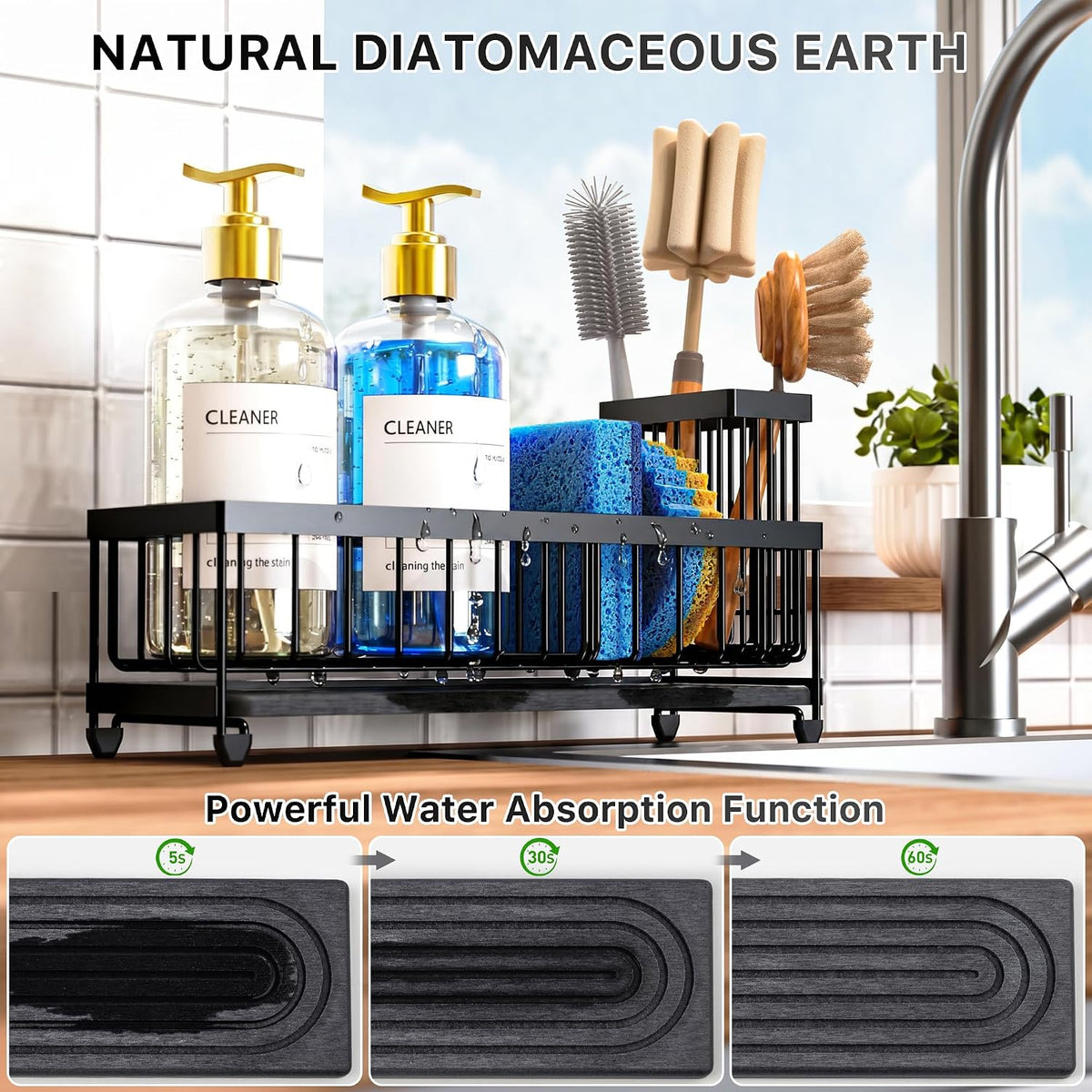 Cisily Sponge Holder for Kitchen Sink, Sink Caddy Organizer with High Brush Holder, Kitchen Countertop Organizers and Storage Essentials, Rustproof 304 Stainless Steel (Black, 9.25″)