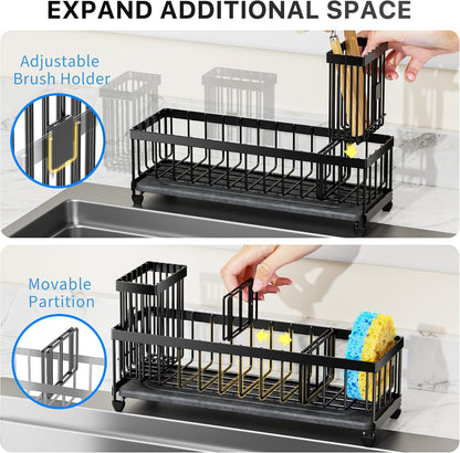 Cisily Sponge Holder for Kitchen Sink, Sink Caddy Organizer with High Brush Holder, Kitchen Countertop Organizers and Storage Essentials, Rustproof 304 Stainless Steel (Black, 9.25″)
