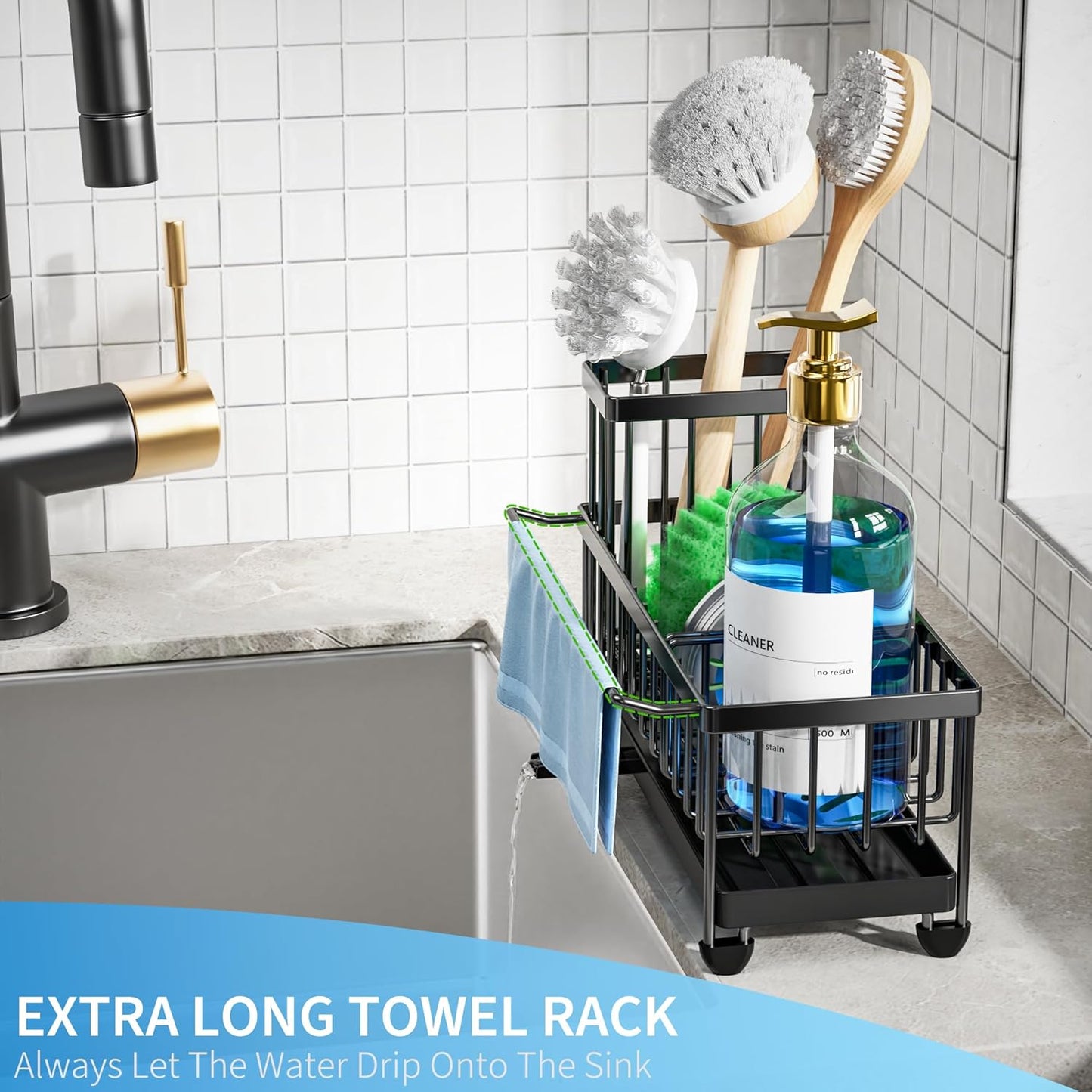 Cisily Sponge Holder for Kitchen Sink, Sink Caddy Organizer with High Brush Holder, Kitchen Countertop Organizers and Storage Essentials, Rustproof 304 Stainless Steel (Black, 9.25″)