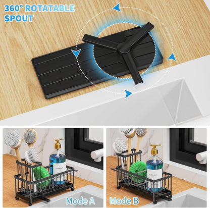 Cisily Sponge Holder for Kitchen Sink, Sink Caddy Organizer with High Brush Holder, Kitchen Countertop Organizers and Storage Essentials, Rustproof 304 Stainless Steel (Black, 9.25″)