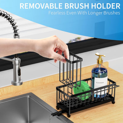 Cisily Sponge Holder for Kitchen Sink, Sink Caddy Organizer with High Brush Holder, Kitchen Countertop Organizers and Storage Essentials, Rustproof 304 Stainless Steel (Black, 9.25″)