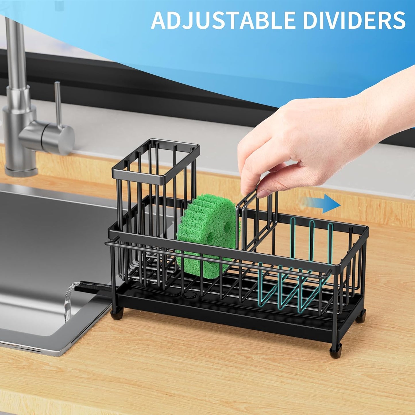 Cisily Sponge Holder for Kitchen Sink, Sink Caddy Organizer with High Brush Holder, Kitchen Countertop Organizers and Storage Essentials, Rustproof 304 Stainless Steel (Black, 9.25″)