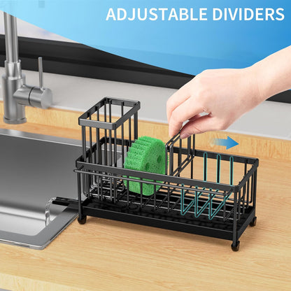 Cisily Sponge Holder for Kitchen Sink, Sink Caddy Organizer with High Brush Holder, Kitchen Countertop Organizers and Storage Essentials, Rustproof 304 Stainless Steel (Black, 9.25″)