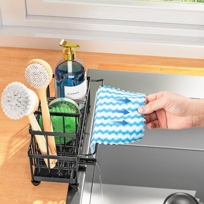 Cisily Sponge Holder for Kitchen Sink, Sink Caddy Organizer with High Brush Holder, Kitchen Countertop Organizers and Storage Essentials, Rustproof 304 Stainless Steel (Black, 9.25″)