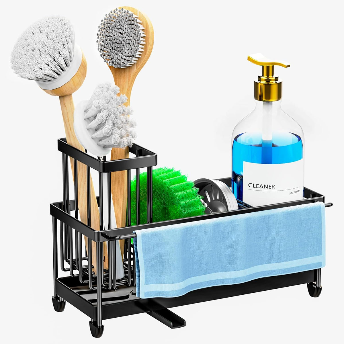 Cisily Sponge Holder for Kitchen Sink, Sink Caddy Organizer with High Brush Holder, Kitchen Countertop Organizers and Storage Essentials, Rustproof 304 Stainless Steel (Black, 9.25″)