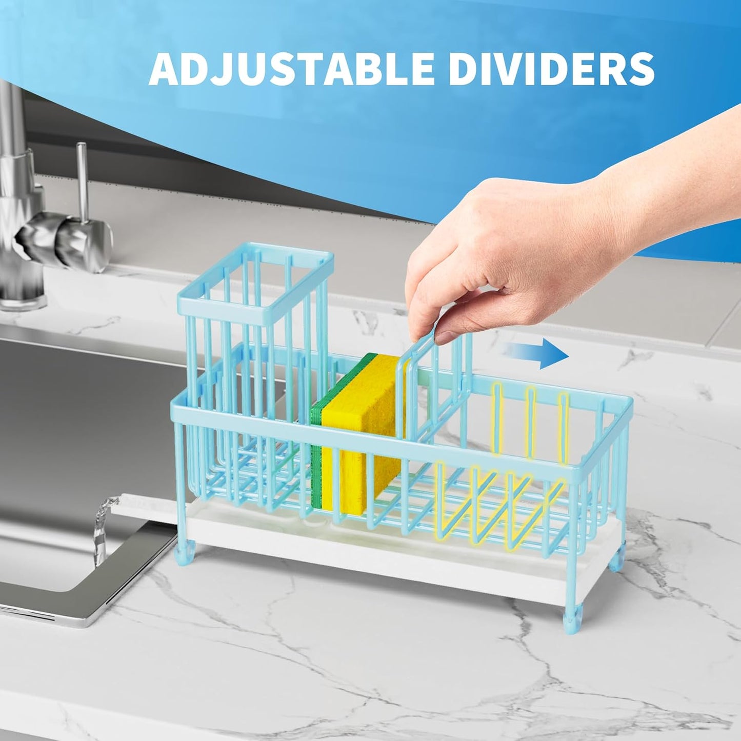 Cisily Sponge Holder for Kitchen Sink, Sink Caddy Organizer with High Brush Holder, Kitchen Countertop Organizers and Storage Essentials, Rustproof 304 Stainless Steel (Black, 9.25″)