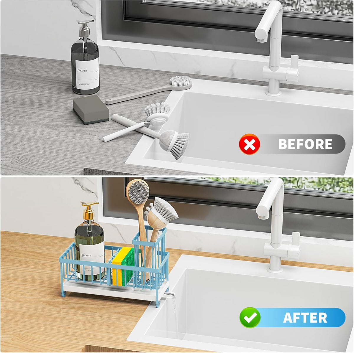 Cisily Sponge Holder for Kitchen Sink, Sink Caddy Organizer with High Brush Holder, Kitchen Countertop Organizers and Storage Essentials, Rustproof 304 Stainless Steel (Black, 9.25″)