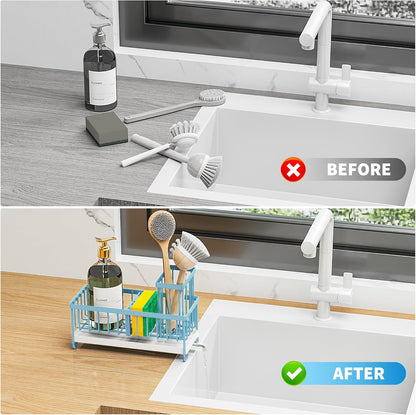 Cisily Sponge Holder for Kitchen Sink, Sink Caddy Organizer with High Brush Holder, Kitchen Countertop Organizers and Storage Essentials, Rustproof 304 Stainless Steel (Black, 9.25″)