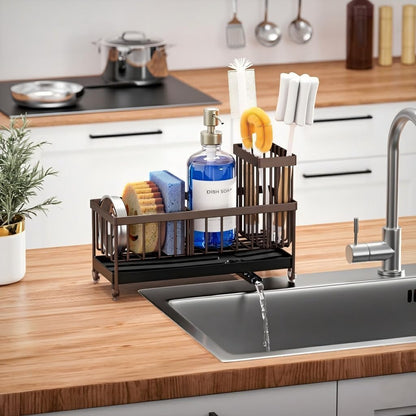Cisily Sponge Holder for Kitchen Sink, Sink Caddy Organizer with High Brush Holder, Kitchen Countertop Organizers and Storage Essentials, Rustproof 304 Stainless Steel (Black, 9.25″)