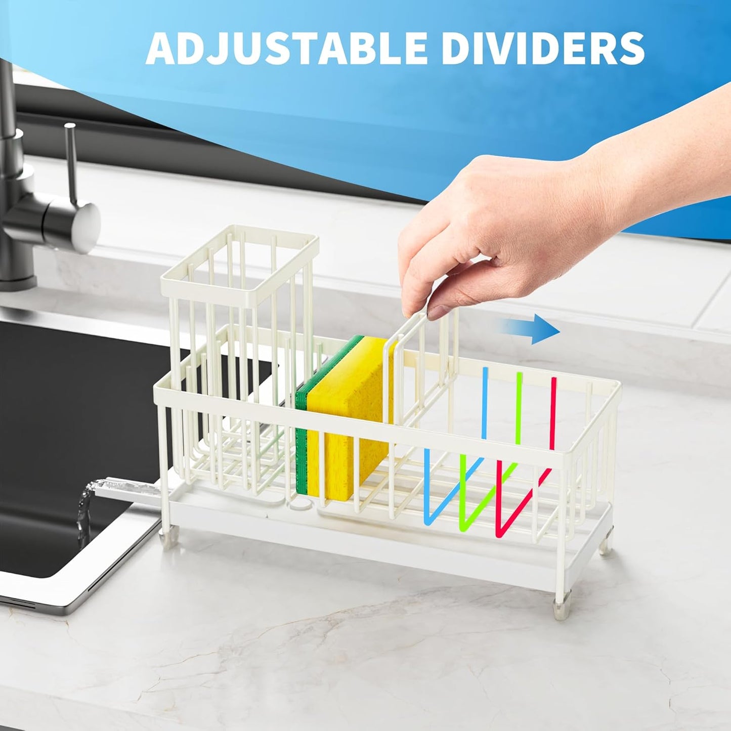 Cisily Sponge Holder for Kitchen Sink, Sink Caddy Organizer with High Brush Holder, Kitchen Countertop Organizers and Storage Essentials, Rustproof 304 Stainless Steel (Black, 9.25″)