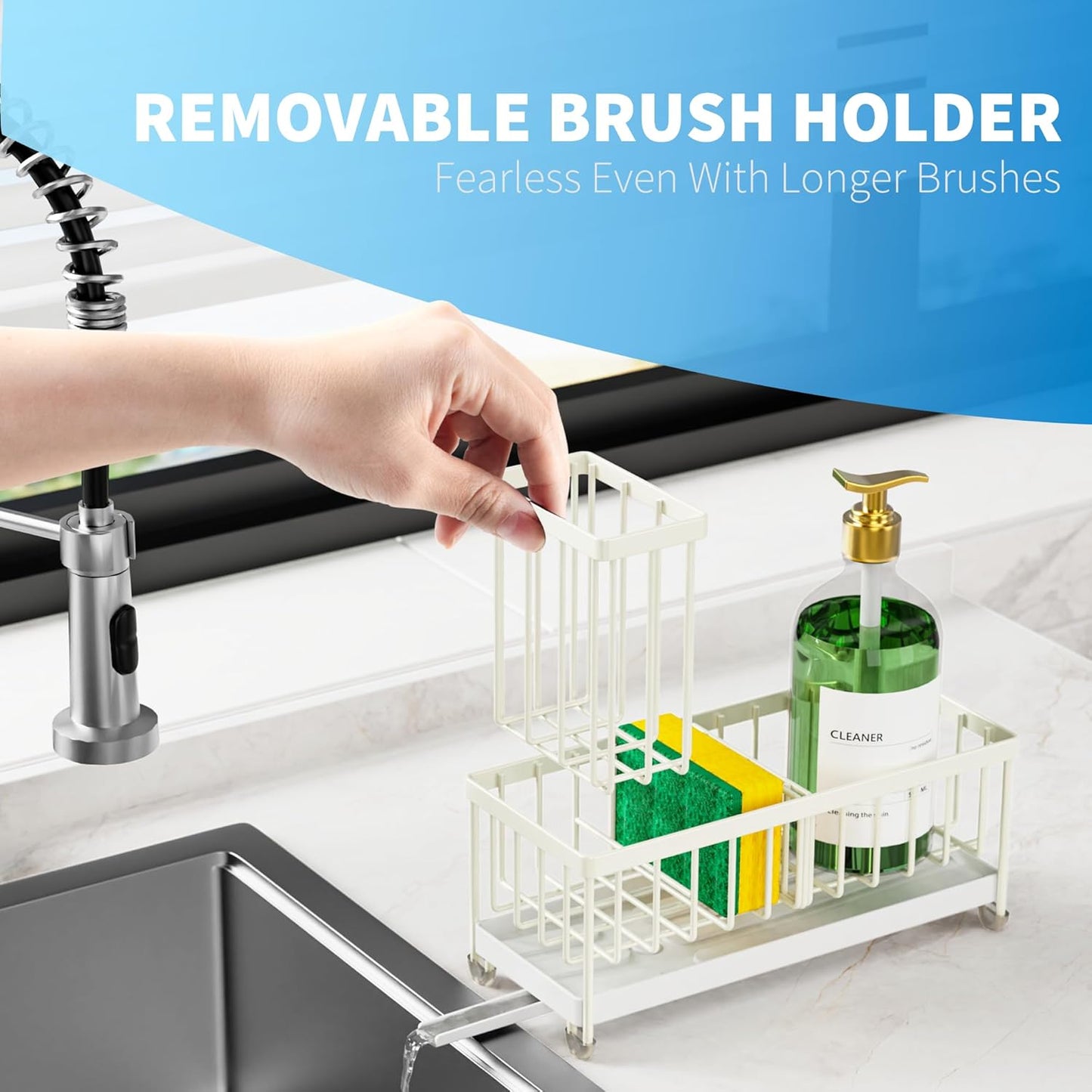 Cisily Sponge Holder for Kitchen Sink, Sink Caddy Organizer with High Brush Holder, Kitchen Countertop Organizers and Storage Essentials, Rustproof 304 Stainless Steel (Black, 9.25″)