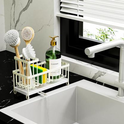 Cisily Sponge Holder for Kitchen Sink, Sink Caddy Organizer with High Brush Holder, Kitchen Countertop Organizers and Storage Essentials, Rustproof 304 Stainless Steel (Black, 9.25″)