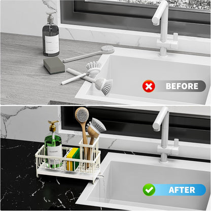 Cisily Sponge Holder for Kitchen Sink, Sink Caddy Organizer with High Brush Holder, Kitchen Countertop Organizers and Storage Essentials, Rustproof 304 Stainless Steel (Black, 9.25″)
