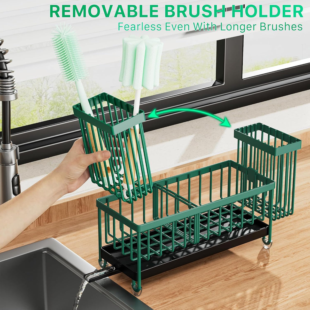 Cisily Sponge Holder for Kitchen Sink, Sink Caddy Organizer with High Brush Holder, Kitchen Countertop Organizers and Storage Essentials, Rustproof 304 Stainless Steel (Black, 9.25″)