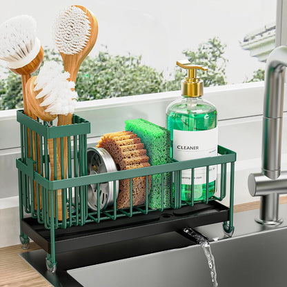 Cisily Sponge Holder for Kitchen Sink, Sink Caddy Organizer with High Brush Holder, Kitchen Countertop Organizers and Storage Essentials, Rustproof 304 Stainless Steel (Black, 9.25″)