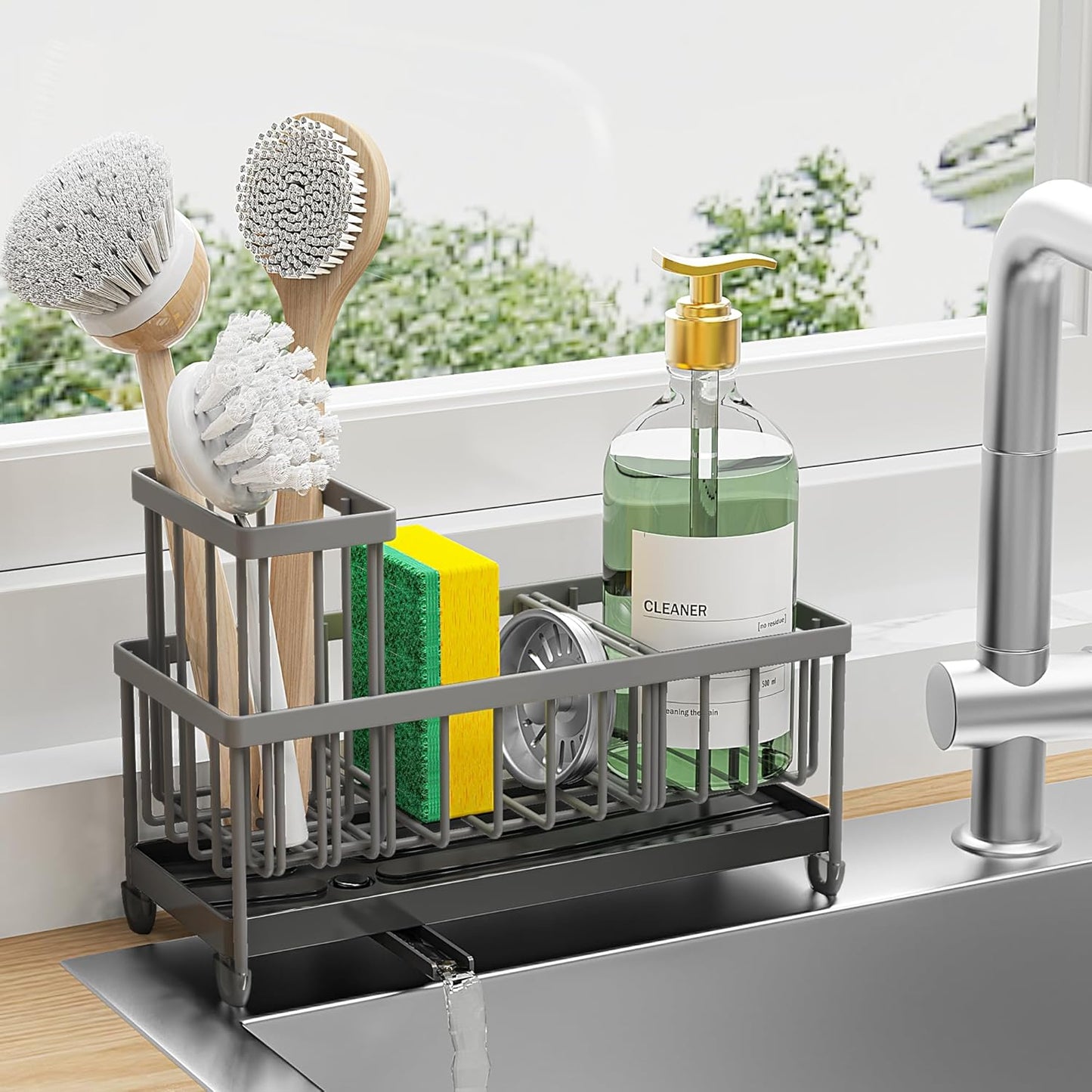Cisily Sponge Holder for Kitchen Sink, Sink Caddy Organizer with High Brush Holder, Kitchen Countertop Organizers and Storage Essentials, Rustproof 304 Stainless Steel (Black, 9.25″)
