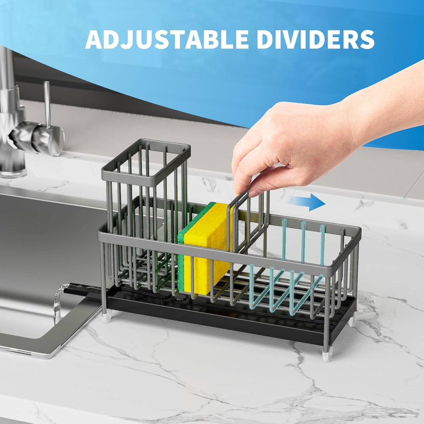 Cisily Sponge Holder for Kitchen Sink, Sink Caddy Organizer with High Brush Holder, Kitchen Countertop Organizers and Storage Essentials, Rustproof 304 Stainless Steel (Black, 9.25″)