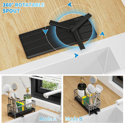 Cisily Sponge Holder for Kitchen Sink, Sink Caddy Organizer with High Brush Holder, Kitchen Countertop Organizers and Storage Essentials, Rustproof 304 Stainless Steel (Black, 9.25″)