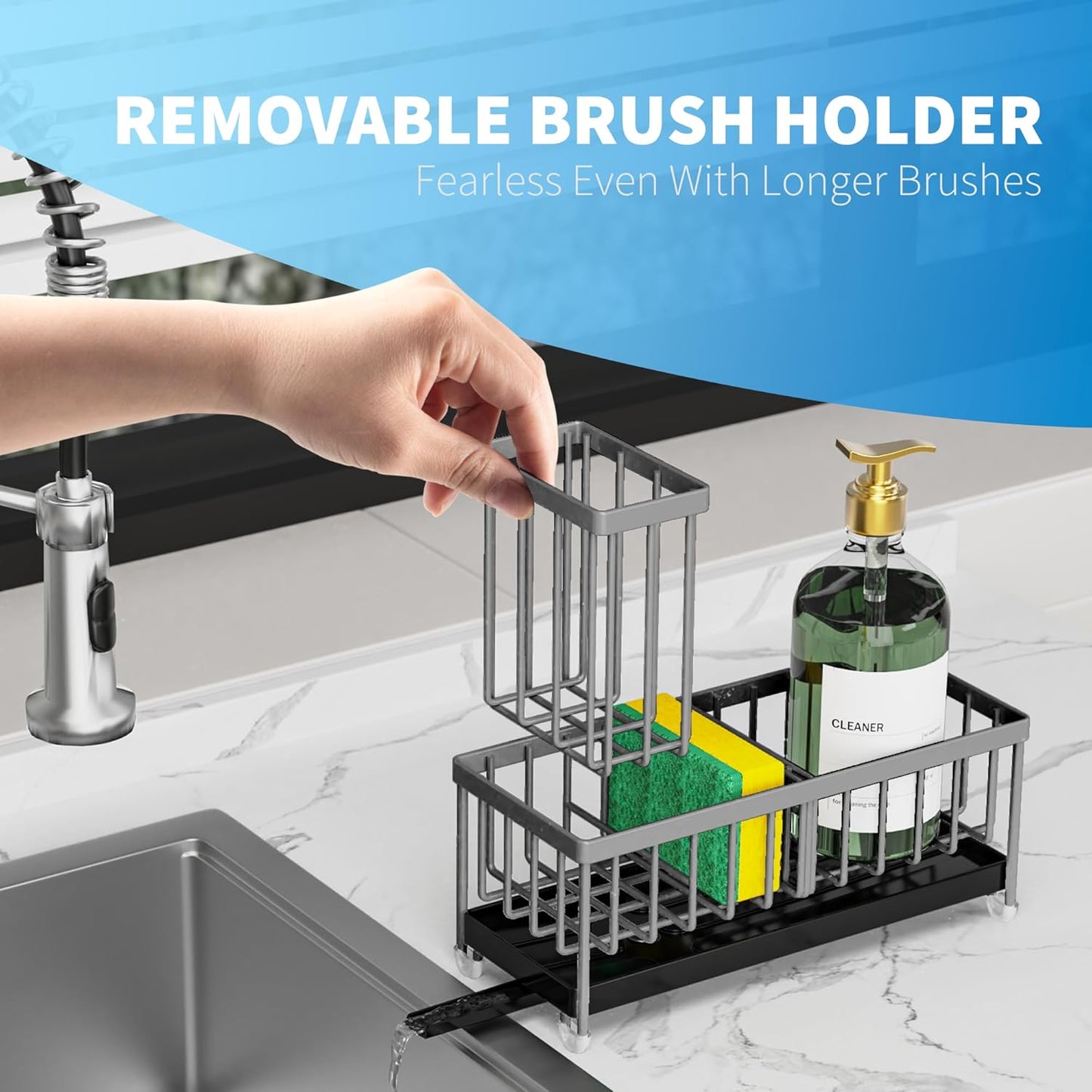 Cisily Sponge Holder for Kitchen Sink, Sink Caddy Organizer with High Brush Holder, Kitchen Countertop Organizers and Storage Essentials, Rustproof 304 Stainless Steel (Black, 9.25″)