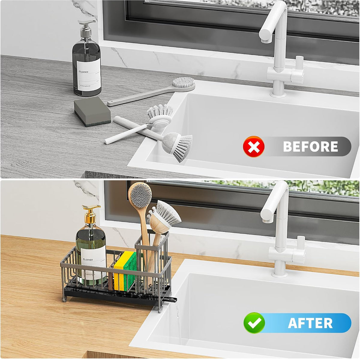 Cisily Sponge Holder for Kitchen Sink, Sink Caddy Organizer with High Brush Holder, Kitchen Countertop Organizers and Storage Essentials, Rustproof 304 Stainless Steel (Black, 9.25″)