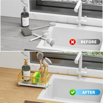 Cisily Sponge Holder for Kitchen Sink, Sink Caddy Organizer with High Brush Holder, Kitchen Countertop Organizers and Storage Essentials, Rustproof 304 Stainless Steel (Black, 9.25″)