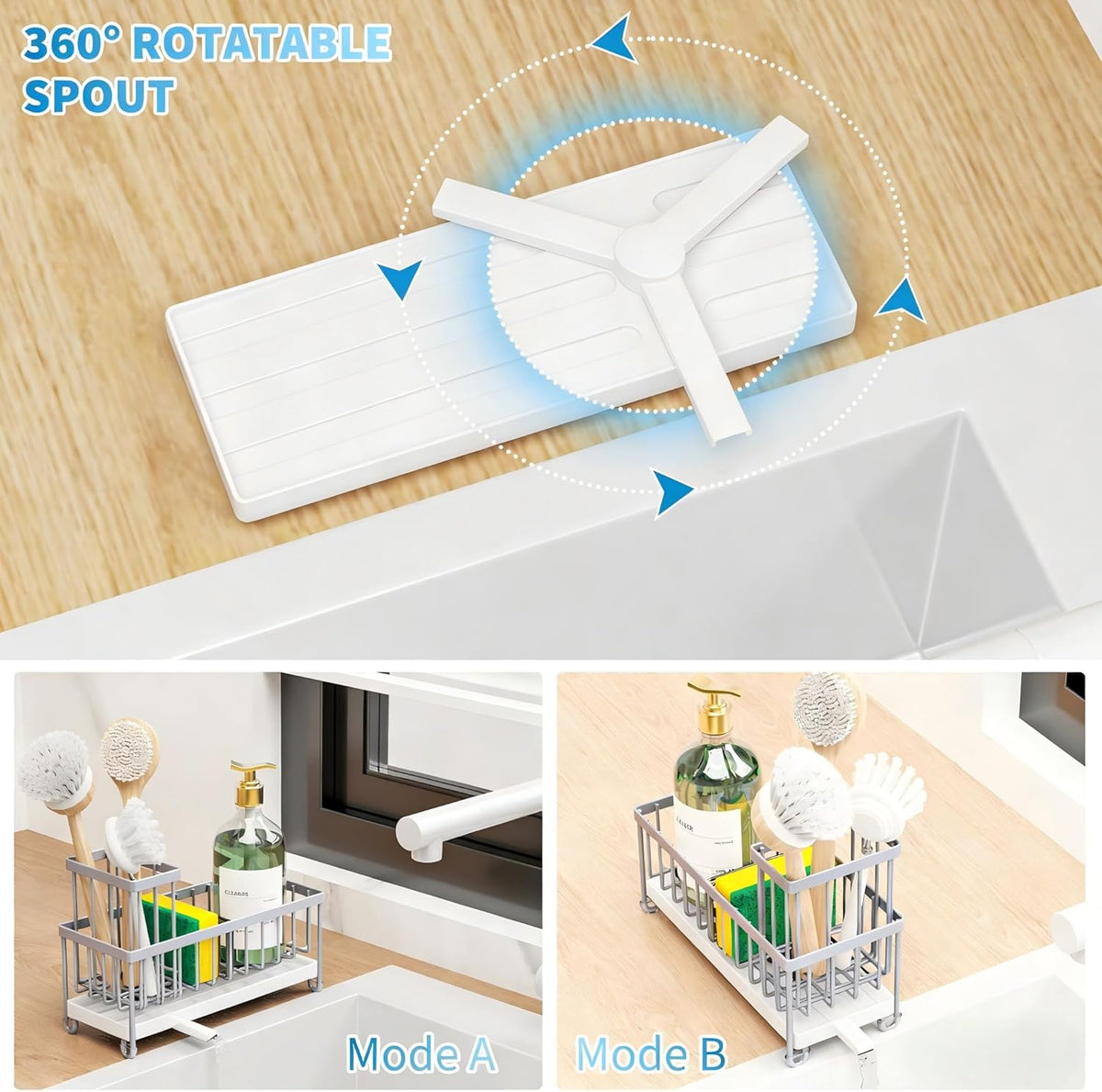 Cisily Sponge Holder for Kitchen Sink, Sink Caddy Organizer with High Brush Holder, Kitchen Countertop Organizers and Storage Essentials, Rustproof 304 Stainless Steel (Black, 9.25″)