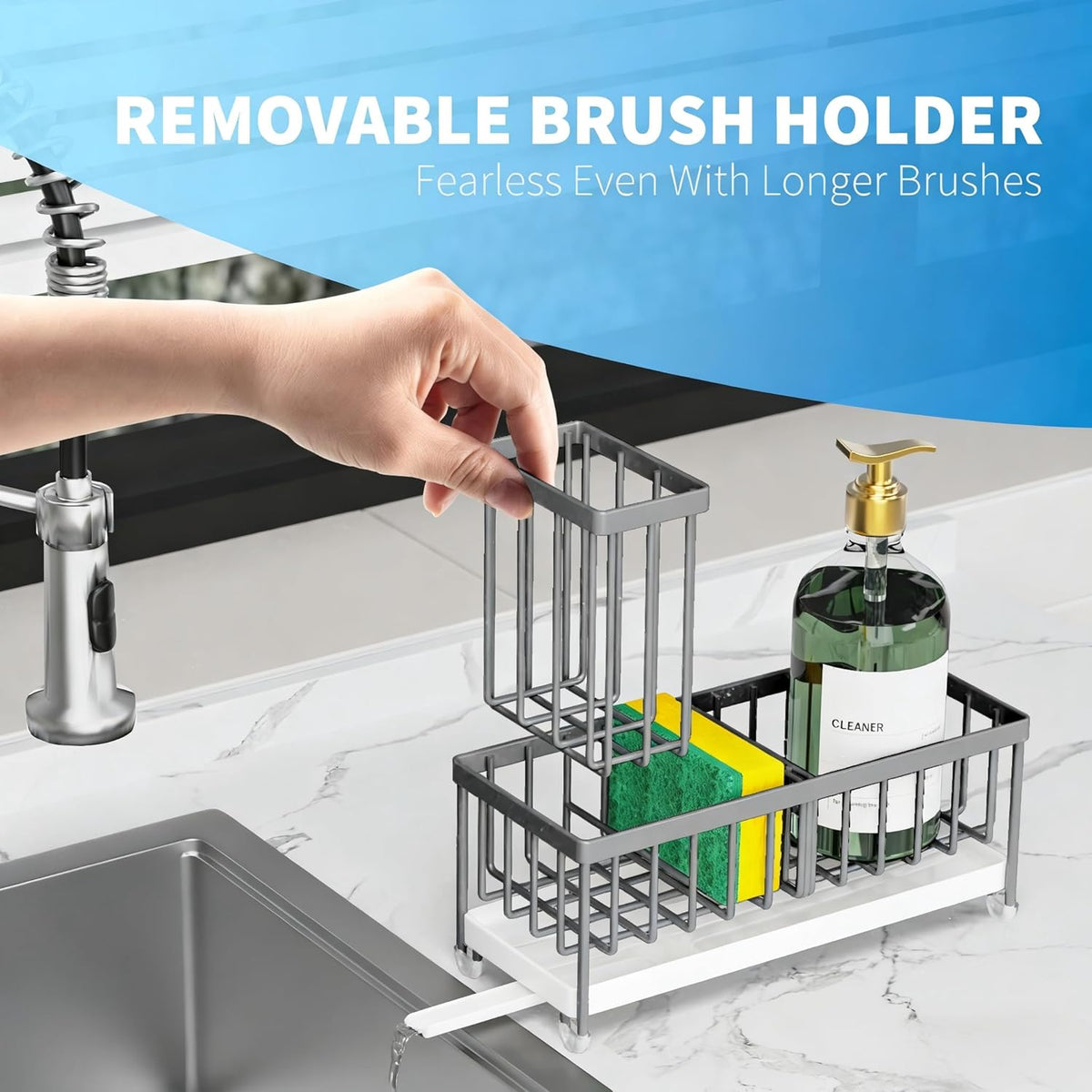 Cisily Sponge Holder for Kitchen Sink, Sink Caddy Organizer with High Brush Holder, Kitchen Countertop Organizers and Storage Essentials, Rustproof 304 Stainless Steel (Black, 9.25″)