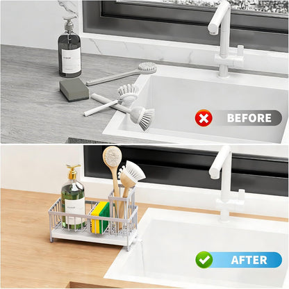 Cisily Sponge Holder for Kitchen Sink, Sink Caddy Organizer with High Brush Holder, Kitchen Countertop Organizers and Storage Essentials, Rustproof 304 Stainless Steel (Black, 9.25″)