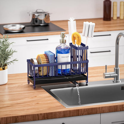 Cisily Sponge Holder for Kitchen Sink, Sink Caddy Organizer with High Brush Holder, Kitchen Countertop Organizers and Storage Essentials, Rustproof 304 Stainless Steel (Black, 9.25″)
