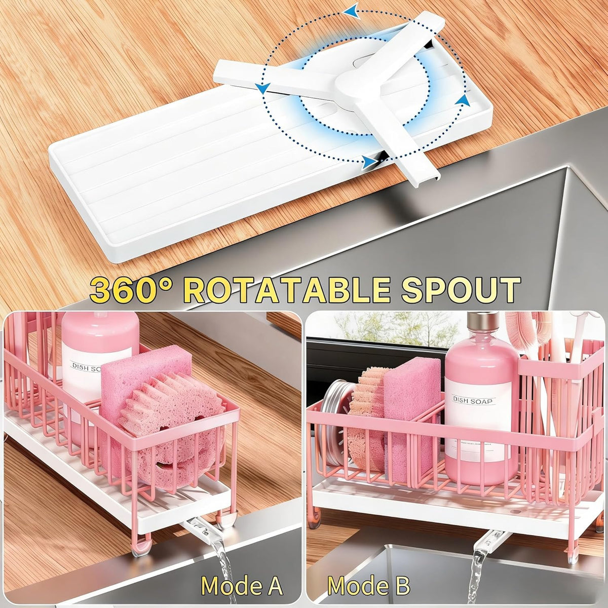 Cisily Sponge Holder for Kitchen Sink, Sink Caddy Organizer with High Brush Holder, Kitchen Countertop Organizers and Storage Essentials, Rustproof 304 Stainless Steel (Black, 9.25″)
