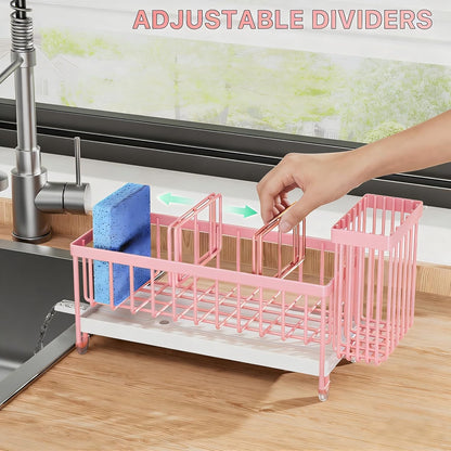 Cisily Sponge Holder for Kitchen Sink, Sink Caddy Organizer with High Brush Holder, Kitchen Countertop Organizers and Storage Essentials, Rustproof 304 Stainless Steel (Black, 9.25″)