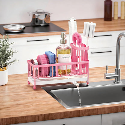 Cisily Sponge Holder for Kitchen Sink, Sink Caddy Organizer with High Brush Holder, Kitchen Countertop Organizers and Storage Essentials, Rustproof 304 Stainless Steel (Black, 9.25″)