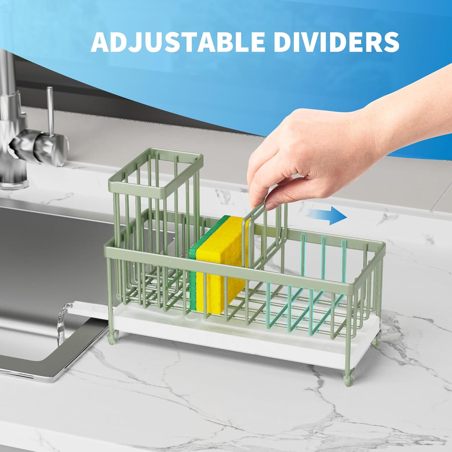 Cisily Sponge Holder for Kitchen Sink, Sink Caddy Organizer with High Brush Holder, Kitchen Countertop Organizers and Storage Essentials, Rustproof 304 Stainless Steel (Black, 9.25″)