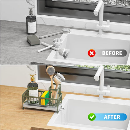 Cisily Sponge Holder for Kitchen Sink, Sink Caddy Organizer with High Brush Holder, Kitchen Countertop Organizers and Storage Essentials, Rustproof 304 Stainless Steel (Black, 9.25″)