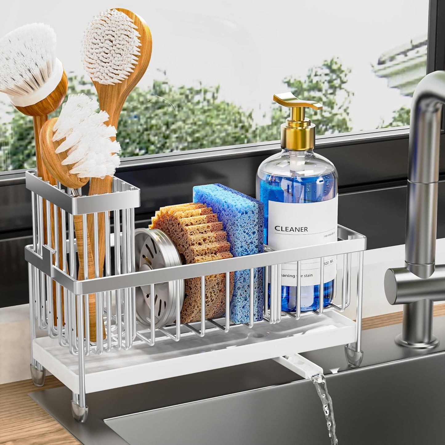 Cisily Sponge Holder for Kitchen Sink, Sink Caddy Organizer with High Brush Holder, Kitchen Countertop Organizers and Storage Essentials, Rustproof 304 Stainless Steel (Black, 9.25″)