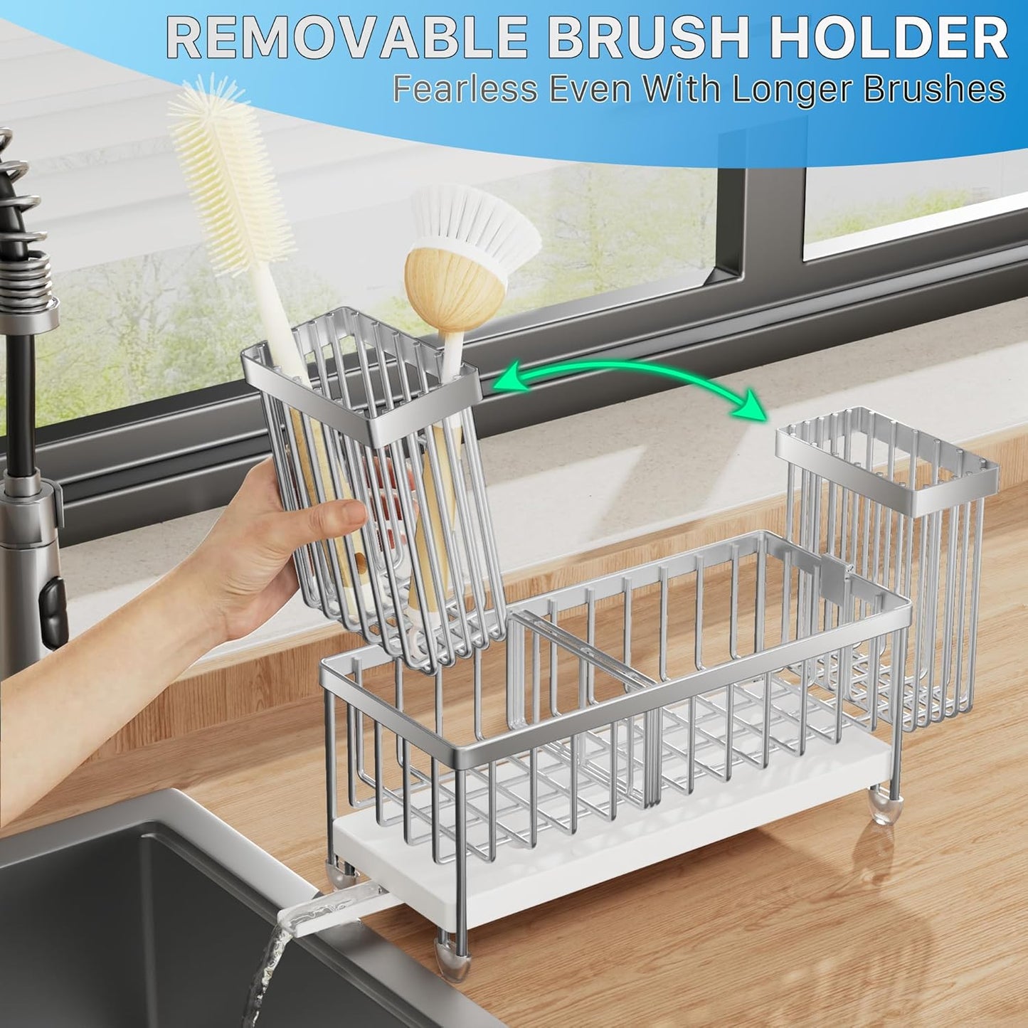 Cisily Sponge Holder for Kitchen Sink, Sink Caddy Organizer with High Brush Holder, Kitchen Countertop Organizers and Storage Essentials, Rustproof 304 Stainless Steel (Black, 9.25″)