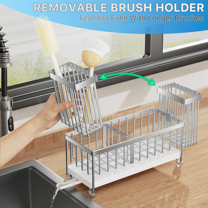 Cisily Sponge Holder for Kitchen Sink, Sink Caddy Organizer with High Brush Holder, Kitchen Countertop Organizers and Storage Essentials, Rustproof 304 Stainless Steel (Black, 9.25″)