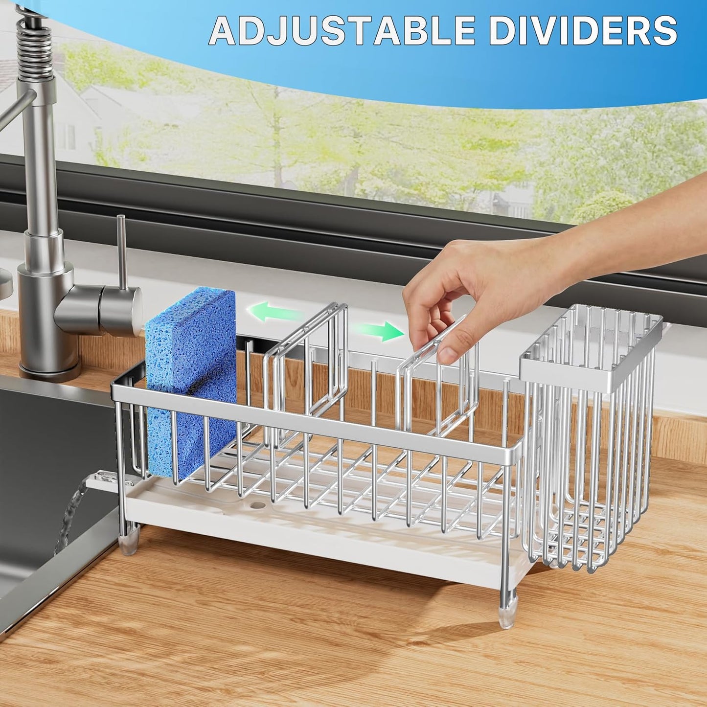 Cisily Sponge Holder for Kitchen Sink, Sink Caddy Organizer with High Brush Holder, Kitchen Countertop Organizers and Storage Essentials, Rustproof 304 Stainless Steel (Black, 9.25″)
