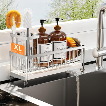 Cisily Sponge Holder for Kitchen Sink, Sink Caddy Organizer with High Brush Holder, Kitchen Countertop Organizers and Storage Essentials, Rustproof 304 Stainless Steel (Black, 9.25″)