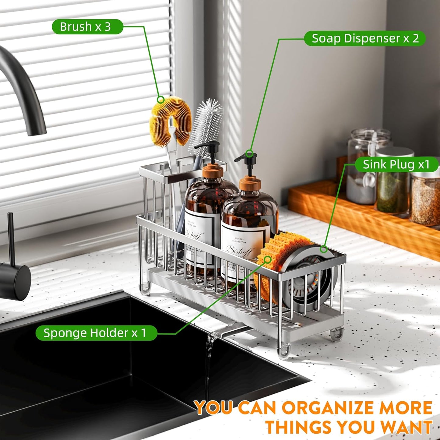 Cisily Sponge Holder for Kitchen Sink, Sink Caddy Organizer with High Brush Holder, Kitchen Countertop Organizers and Storage Essentials, Rustproof 304 Stainless Steel (Black, 9.25″)
