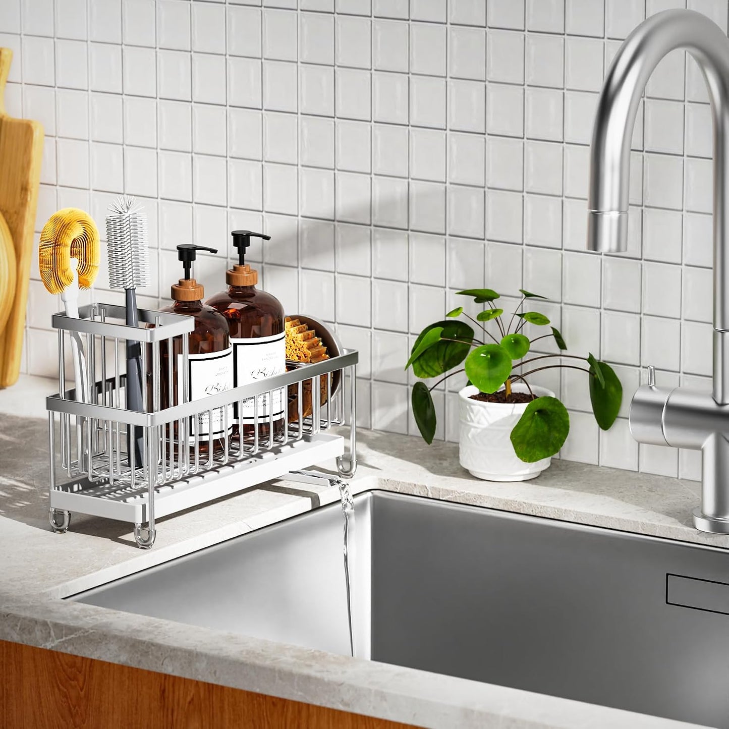 Cisily Sponge Holder for Kitchen Sink, Sink Caddy Organizer with High Brush Holder, Kitchen Countertop Organizers and Storage Essentials, Rustproof 304 Stainless Steel (Black, 9.25″)