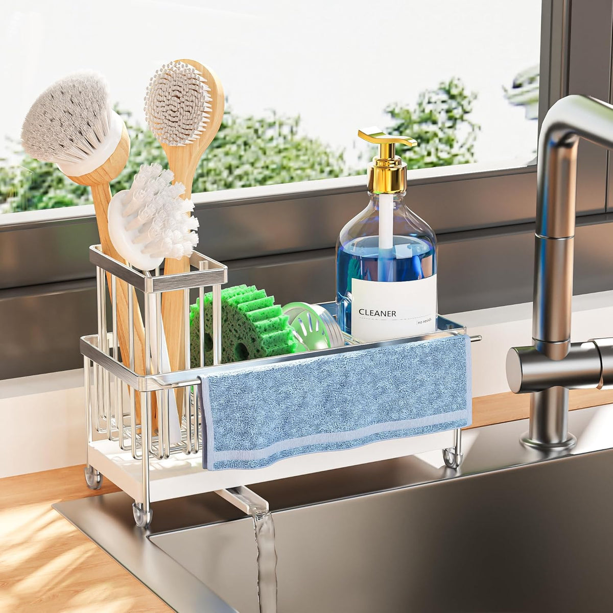 Cisily Sponge Holder for Kitchen Sink, Sink Caddy Organizer with High Brush Holder, Kitchen Countertop Organizers and Storage Essentials, Rustproof 304 Stainless Steel (Black, 9.25″)