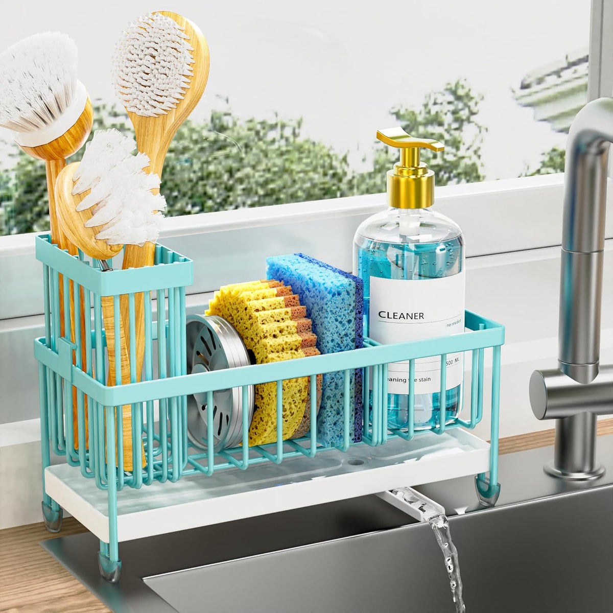 Cisily Sponge Holder for Kitchen Sink, Sink Caddy Organizer with High Brush Holder, Kitchen Countertop Organizers and Storage Essentials, Rustproof 304 Stainless Steel (Black, 9.25″)