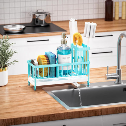 Cisily Sponge Holder for Kitchen Sink, Sink Caddy Organizer with High Brush Holder, Kitchen Countertop Organizers and Storage Essentials, Rustproof 304 Stainless Steel (Black, 9.25″)