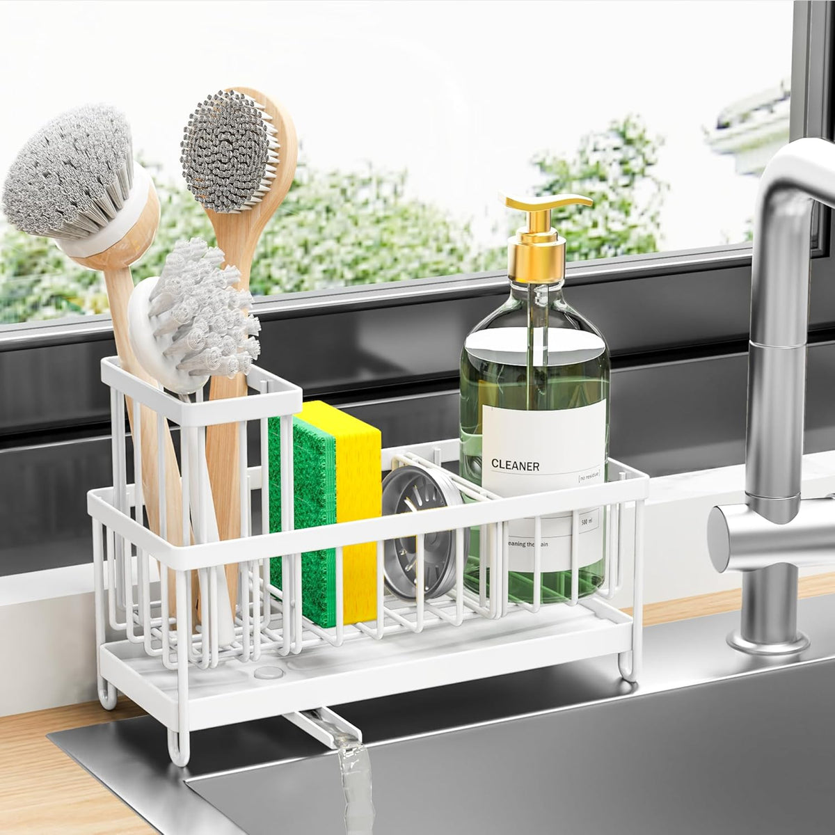 Cisily Sponge Holder for Kitchen Sink, Sink Caddy Organizer with High Brush Holder, Kitchen Countertop Organizers and Storage Essentials, Rustproof 304 Stainless Steel (Black, 9.25″)