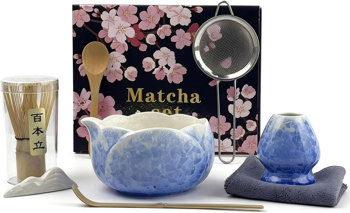 Matcha Whisk Set, Ceramic Matcha Set, Matcha Bowl with Spout and Whisk,8 pcs Matcha Tea Kit for Matcha Lovers, Ideal Gift Christmas, Birthday (Blue)