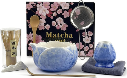 Matcha Whisk Set, Ceramic Matcha Set, Matcha Bowl with Spout and Whisk,8 pcs Matcha Tea Kit for Matcha Lovers, Ideal Gift Christmas, Birthday (Blue)