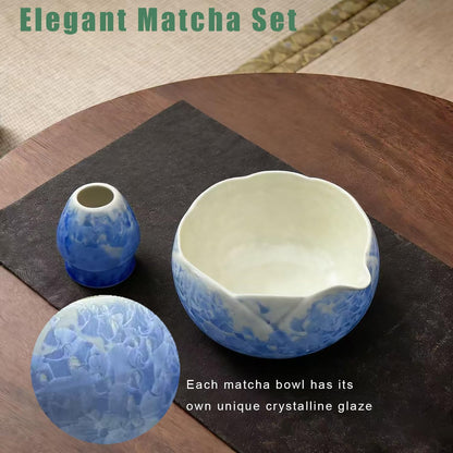 Matcha Whisk Set, Ceramic Matcha Set, Matcha Bowl with Spout and Whisk,8 pcs Matcha Tea Kit for Matcha Lovers, Ideal Gift Christmas, Birthday (Blue)