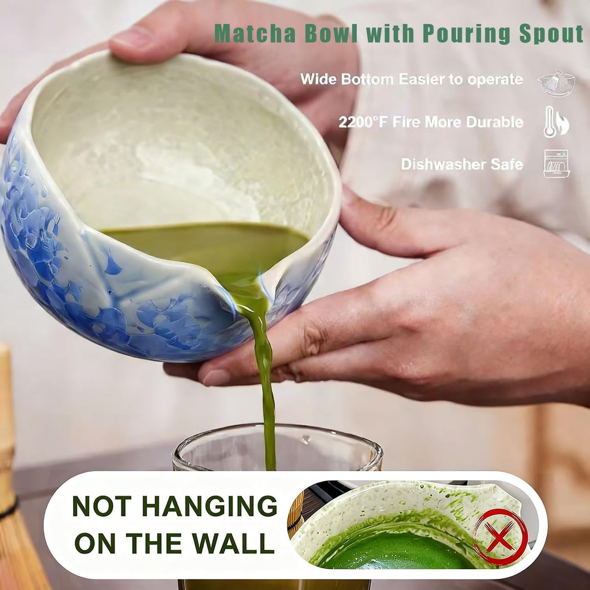 Matcha Whisk Set, Ceramic Matcha Set, Matcha Bowl with Spout and Whisk,8 pcs Matcha Tea Kit for Matcha Lovers, Ideal Gift Christmas, Birthday (Blue)