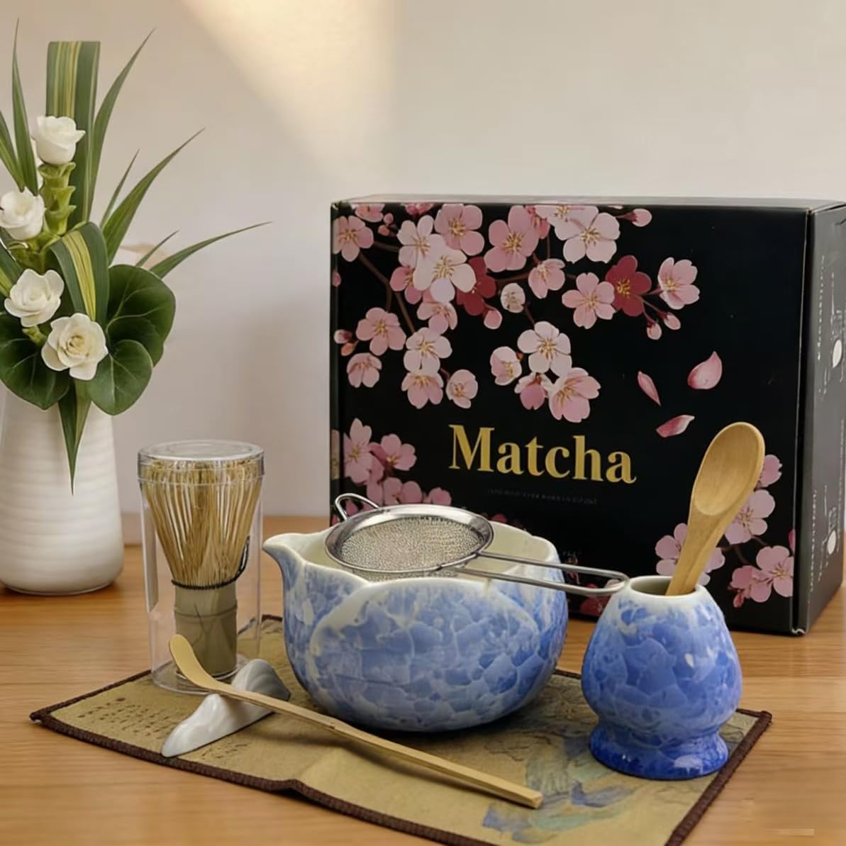 Matcha Whisk Set, Ceramic Matcha Set, Matcha Bowl with Spout and Whisk,8 pcs Matcha Tea Kit for Matcha Lovers, Ideal Gift Christmas, Birthday (Blue)